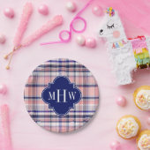 Rosa Navy Weiße Preppy Madras Quatrefolienmonogram Pappteller (Party)