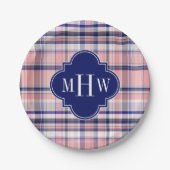Rosa Navy Weiße Preppy Madras Quatrefolienmonogram Pappteller (Vorderseite)