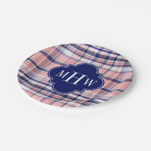 Rosa Navy Weiße Preppy Madras Quatrefolienmonogram Pappteller