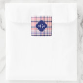 Rosa Navy Weiße Preppy Madras Quatrefolienmonogram Quadratischer Aufkleber (Tasche)