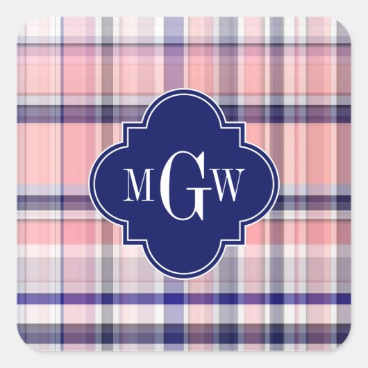 Rosa Navy Weiße Preppy Madras Quatrefolienmonogram Quadratischer Aufkleber (Vorderseite)