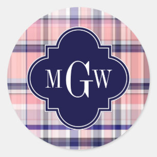 Rosa Navy Weiße Preppy Madras Quatrefolienmonogram Runder Aufkleber