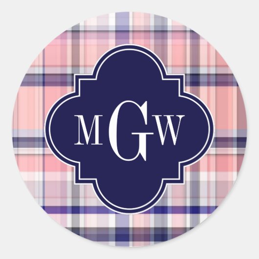 Rosa Navy Weiße Preppy Madras Quatrefolienmonogram Runder Aufkleber (Vorderseite)