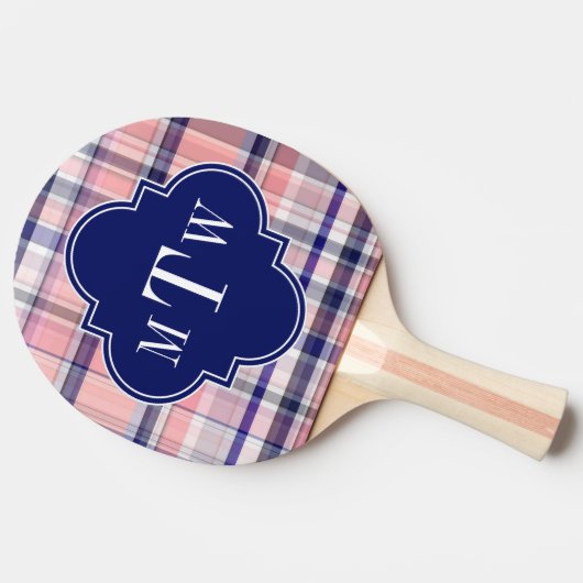 Rosa Navy Weiße Preppy Madras Quatrefolienmonogram Tischtennis Schläger (Seitenansicht)