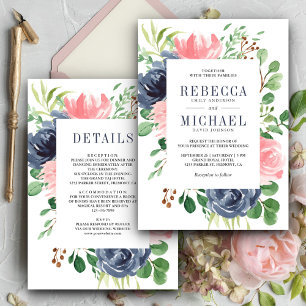 Rosa Navyblau Blumen Einteiler Hochzeit Einladung