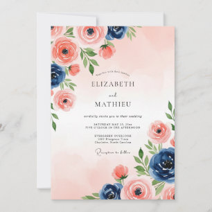 Rosa Navyblau Poetische Wasserfarben-Hochzeit Einladung