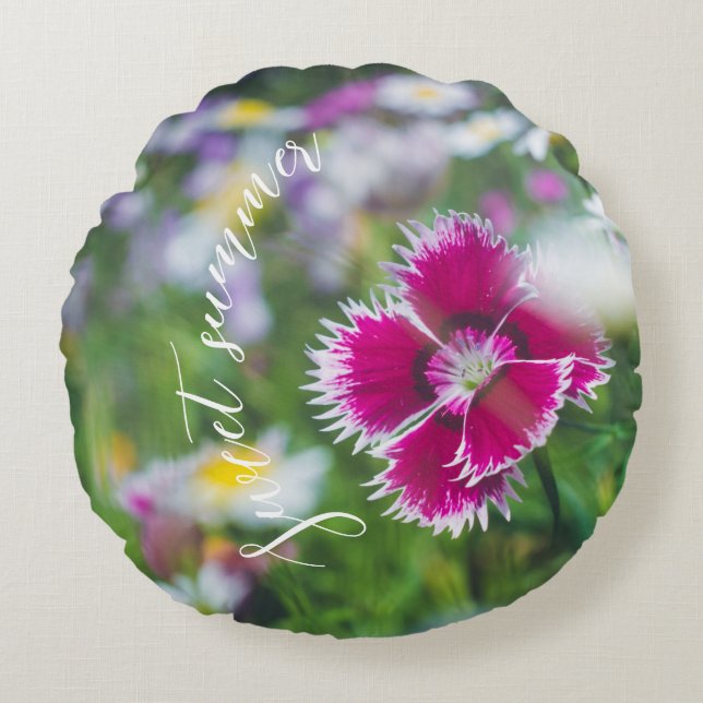 Rosa Nelke mit Gänse Rundes Kissen (Vorderseite)