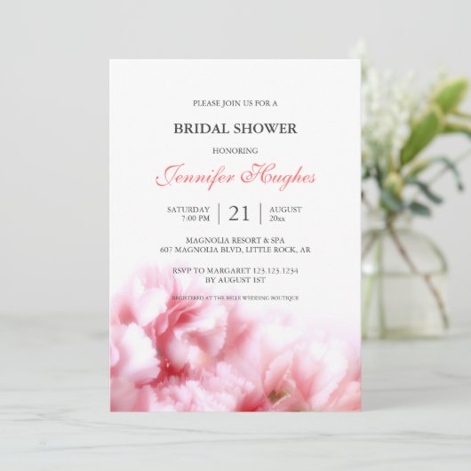 Rosa Nelken Brautdusche Einladung (Stehend Vorderseite)