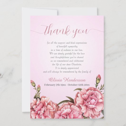 Rosa Nelken Weiße Fotos Gedenkstätte Dankeskarte (Rückseite)