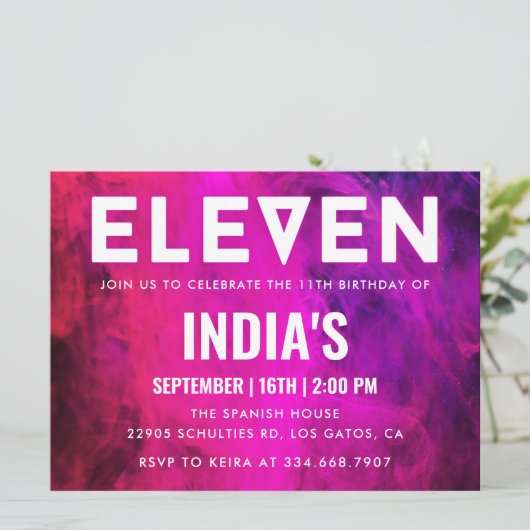 Rosa Neon 11. Geburtstag Einladung (Stehend Vorderseite)