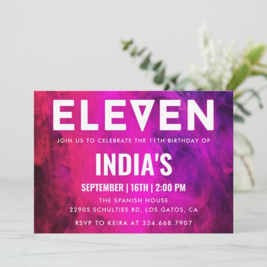 Rosa Neon 11. Geburtstag Einladung (Stehend Vorderseite)