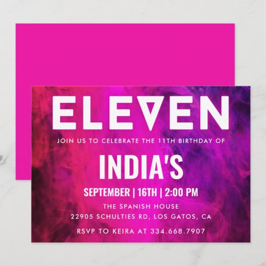 Rosa Neon 11. Geburtstag Einladung (Vorne/Hinten)