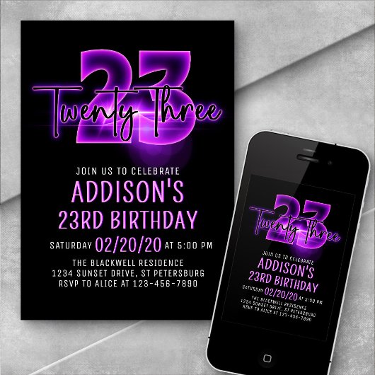 Rosa Neon 23. Geburtstag Einladung