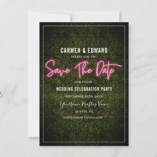 Rosa Neon-Buchsbaum-Hochzeit Save The Date (Vorderseite)