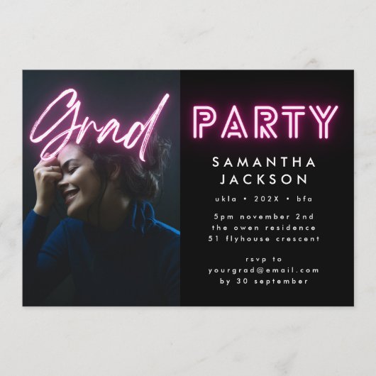 Rosa Neon Elegant Ombre Grad Foto Party Einladung (Vorderseite)
