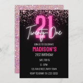 Rosa Neon Glitzer 21. Geburtstagskarte Einladung (Vorne/Hinten)