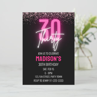 Rosa Neon Glitzer 30. Geburtstag Einladung Frauen