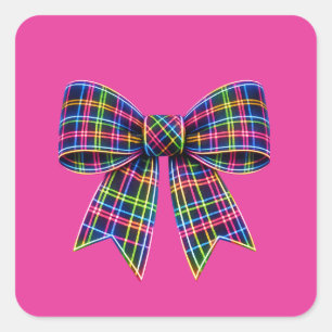 Rosa Neon-Schleife Tartanband Schottland Süß Quadratischer Aufkleber