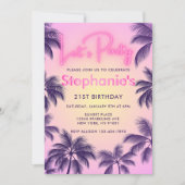 Rosa Neonleuchte Party Palmen im Sonnenuntergang Einladung (Vorderseite)