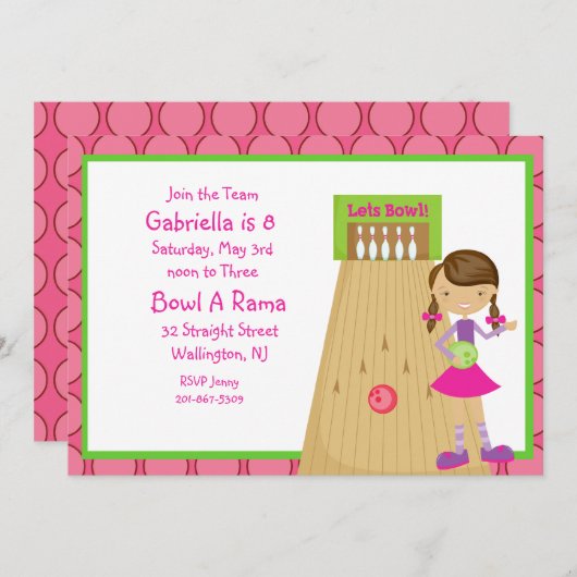 Rosa, Niedlich, Girl Bowling Party Einladung (Vorne/Hinten)