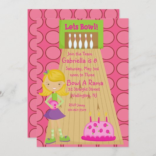 Rosa, niedlich, Mädchen-Bowlings-Party Einladung (Vorne/Hinten)