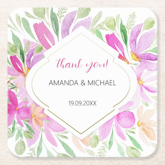 Rosa Niedlich Modern Watercolor Boho Floral Rechteckiger Pappuntersetzer (Vorderseite)