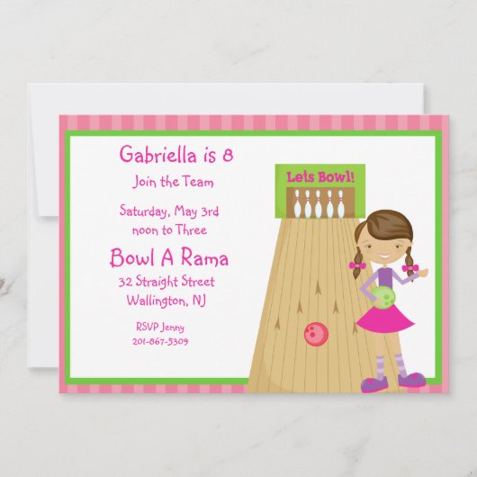 Rosa, Niedlich, Striped Girl Bowling Party Einladu Einladung (Vorderseite)