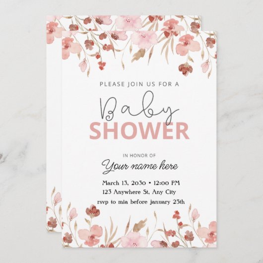 Rosa niedliche Blütendusche Mädchen Einladung (Vorne/Hinten)