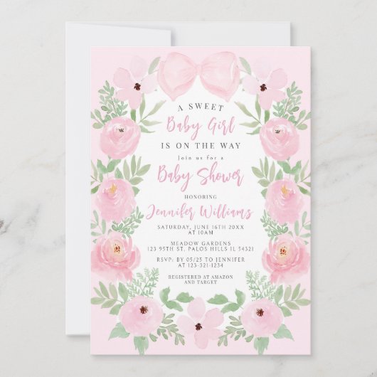 Rosa niedliche Bugbrust-Babydusche Einladung (Vorderseite)