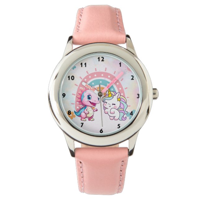 Rosa Niedliche Einhorndinosaurier Regenbogen Gebur Armbanduhr (Vorderseite)