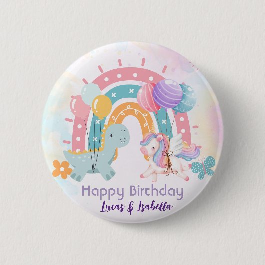 Rosa Niedliche Einhorndinosaurier Regenbogen Gebur Button (Vorderseite)