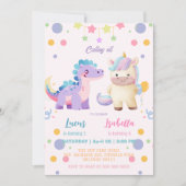 Rosa Niedliche Einhorndinosaurier Regenbogen Gebur Einladung (Vorderseite)