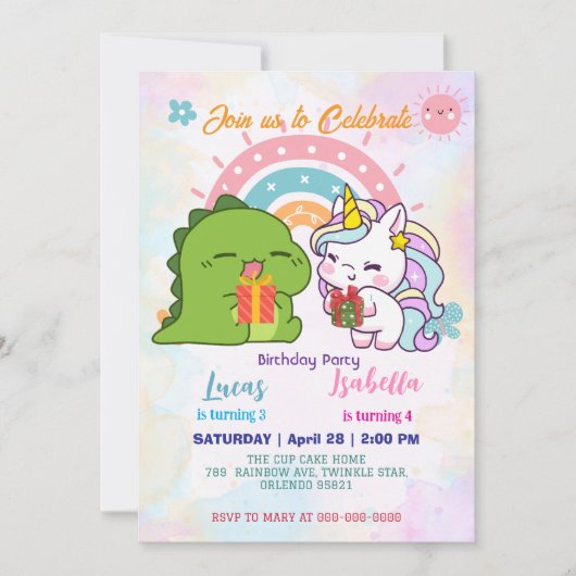 Rosa Niedliche Einhorndinosaurier Regenbogen Gebur Einladung (Vorderseite)