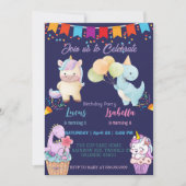 Rosa Niedliche Einhorndinosaurier Regenbogen Gebur Einladung (Vorderseite)