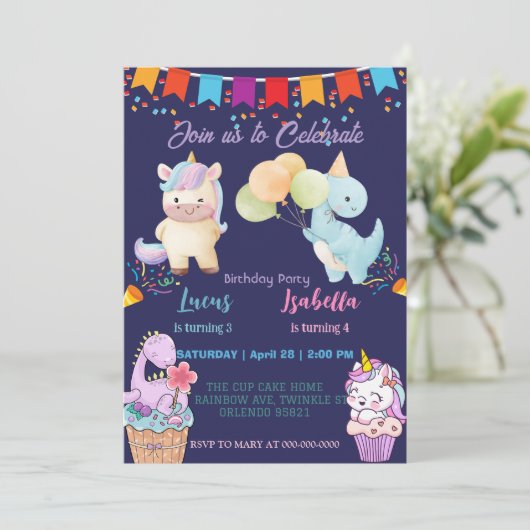 Rosa Niedliche Einhorndinosaurier Regenbogen Gebur Einladung (Stehend Vorderseite)