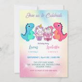 Rosa Niedliche Einhorndinosaurier Regenbogen Gebur Einladung (Vorderseite)
