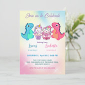 Rosa Niedliche Einhorndinosaurier Regenbogen Gebur Einladung (Stehend Vorderseite)