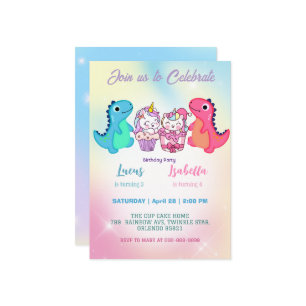 Rosa Niedliche Einhorndinosaurier Regenbogen Gebur Einladung