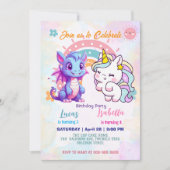 Rosa Niedliche Einhorndinosaurier Regenbogen Gebur Einladung (Vorderseite)