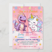 Rosa Niedliche Einhorndinosaurier Regenbogen Gebur Einladung (Vorderseite)