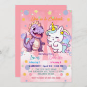 Rosa Niedliche Einhorndinosaurier Regenbogen Gebur Einladung (Vorne/Hinten)