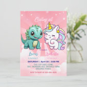 Rosa Niedliche Einhorndinosaurier Regenbogen Gebur Einladung (Stehend Vorderseite)