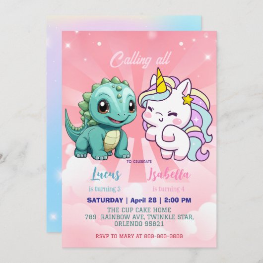 Rosa Niedliche Einhorndinosaurier Regenbogen Gebur Einladung (Vorne/Hinten)