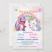 Rosa Niedliche Einhorndinosaurier Regenbogen Gebur Einladung (Vorderseite)