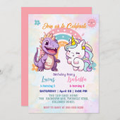 Rosa Niedliche Einhorndinosaurier Regenbogen Gebur Einladung (Vorne/Hinten)