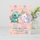 Rosa Niedliche Einhorndinosaurier Regenbogen Gebur Einladung (Stehend Vorderseite)