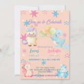 Rosa Niedliche Einhorndinosaurier Regenbogen Gebur Einladung (Vorderseite)