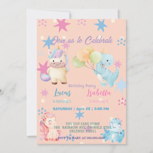 Rosa Niedliche Einhorndinosaurier Regenbogen Gebur Einladung (Vorderseite)