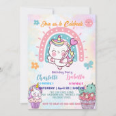 Rosa Niedliche Einhorndinosaurier Regenbogen Gebur Einladung (Vorderseite)