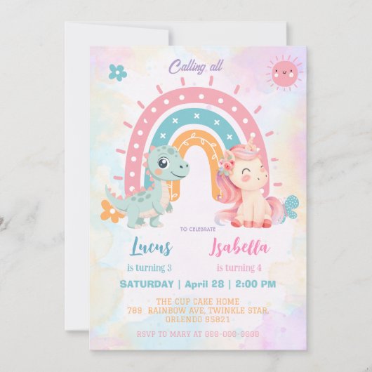 Rosa Niedliche Einhorndinosaurier Regenbogen Gebur Einladung (Vorderseite)